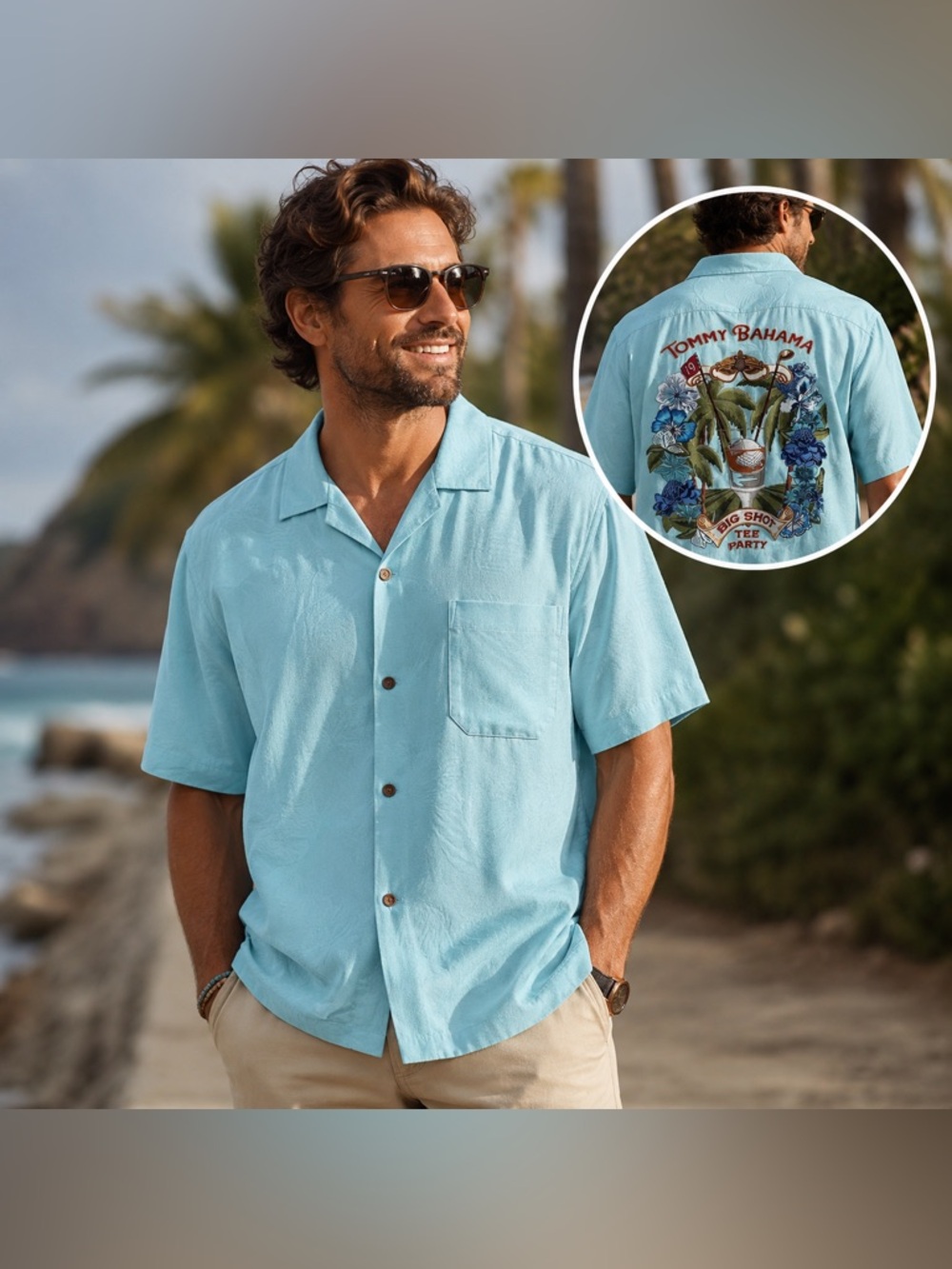 Tommy Bahama 100% Silk "Big Shot Tee Party" Embroidered Camp Shirt